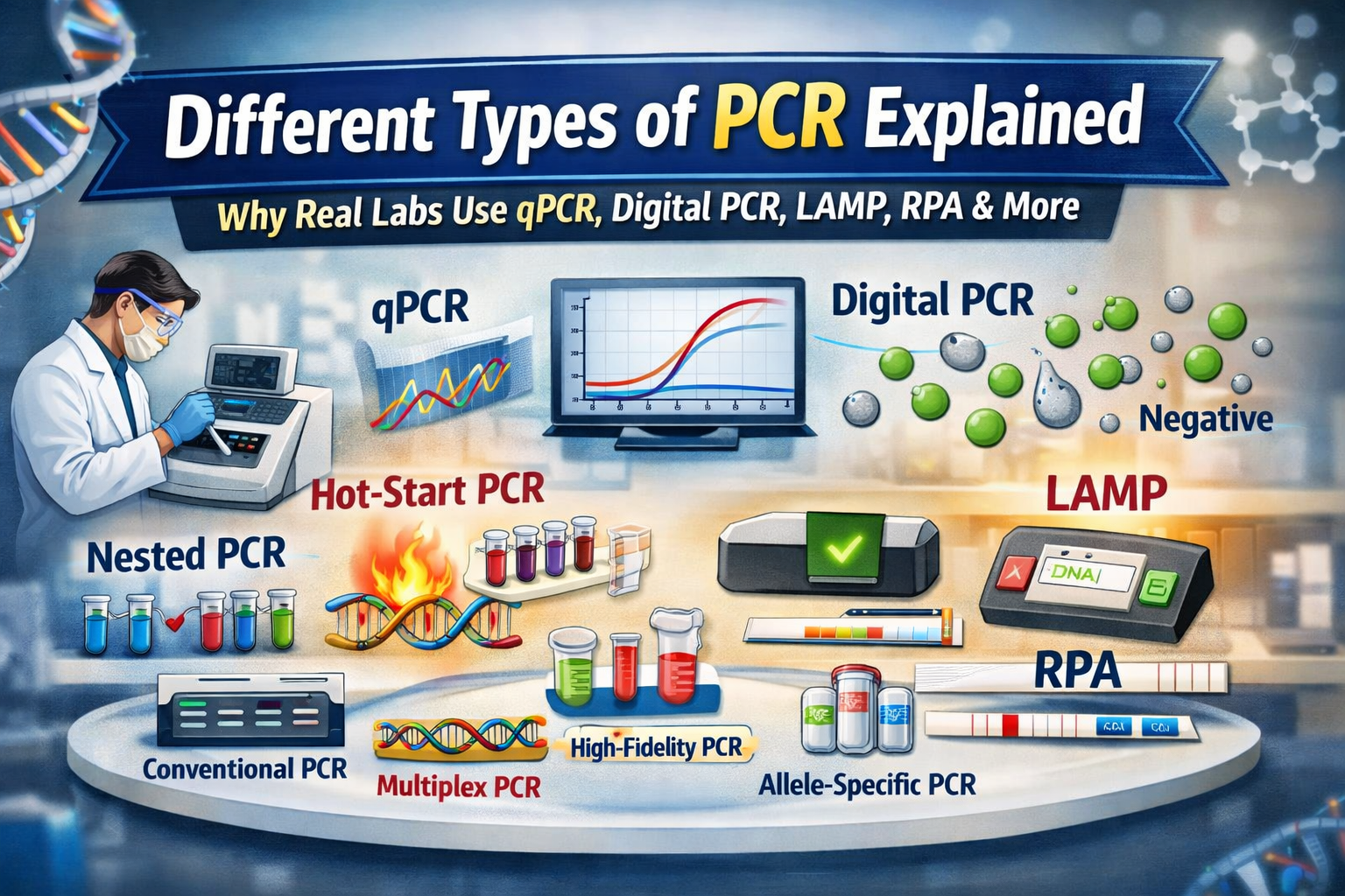 Different types of PCR explained: qPCR, digital PCR, LAMP and RPA