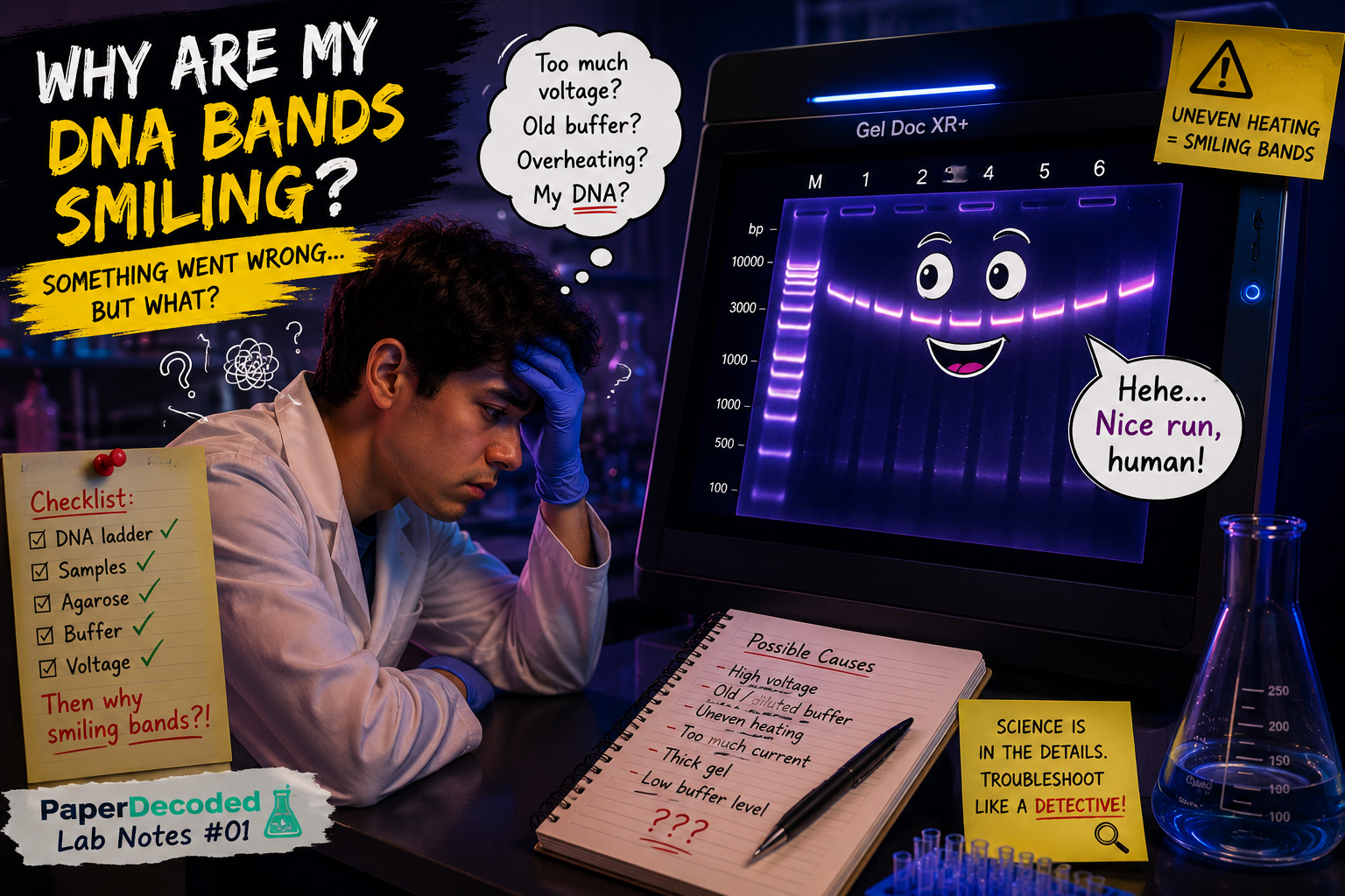 Why Is Your Sample DNA Laughing at You? || Lab Notes Decoded smiling dna bands explained with troubleshooting